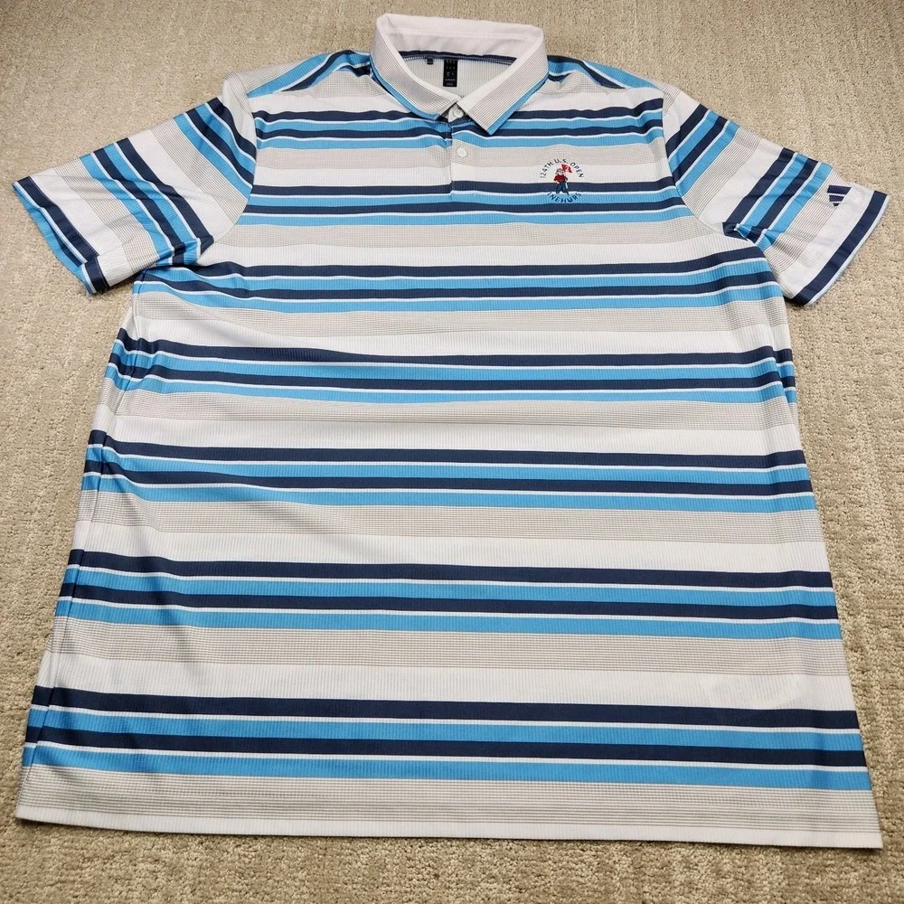 Adidas‎ Polo Men 2XL Peformance Heat Ready Pinehurst Golf Striped Blue Quick Dry